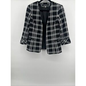 Kasper Plaid Blazer Sz 6 Black White Open Front Tweed Grid Core Chic Career